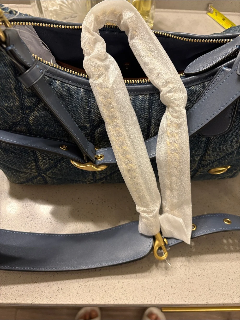 Coach Quilted Denim Shoulder Bag with Gold Hardware